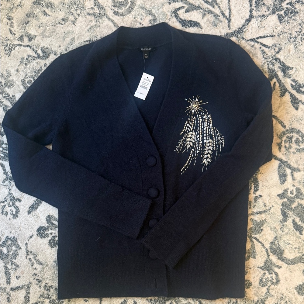 NWTs Talbots Embellished Navy button-down cardigan size XS